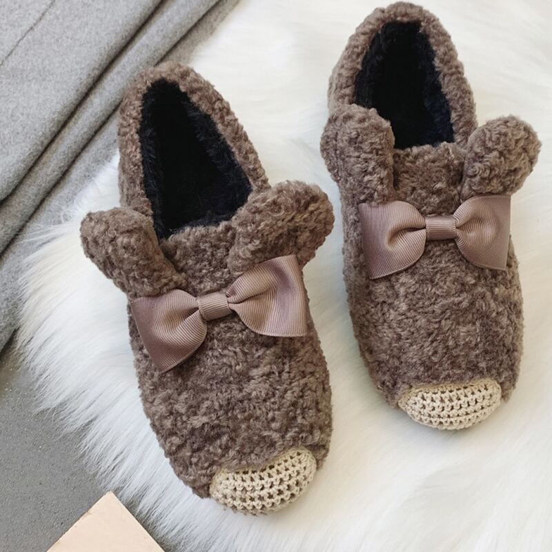 

Bow & Ear Decor Fluffy Loafers, Coffee brown