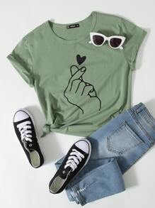 SHEIN LUNE Plus Gesture Print Tee - Mint Green - View 1