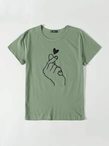 SHEIN LUNE Plus Gesture Print Tee - Mint Green - View 3
