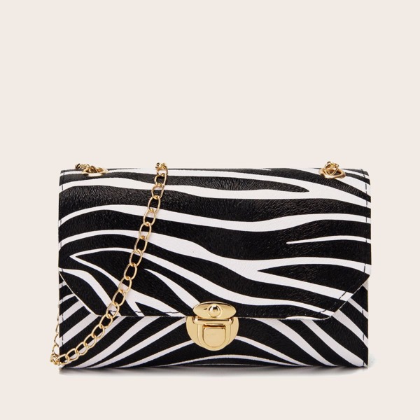 

Push Lock Zebra Print Crossbody Bag, Black and white