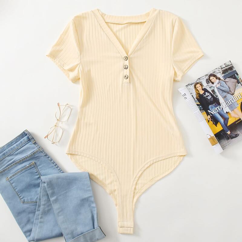 

Button Ribbed Tee Bodysuit, Apricot