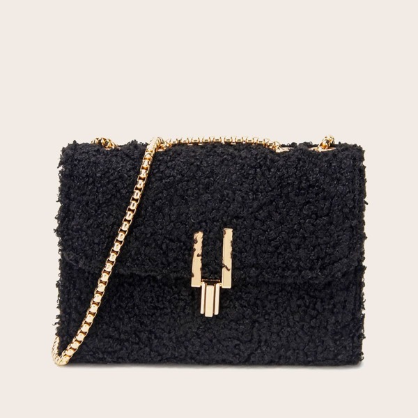 

Metal Lock Tweed Chain Shoulder Bag, Black
