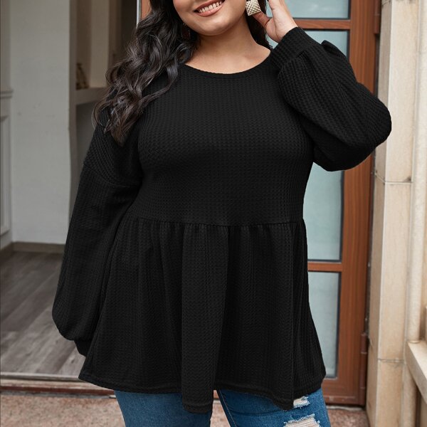 

Plus Ruffle Hem Waffle Knit Tee, Black