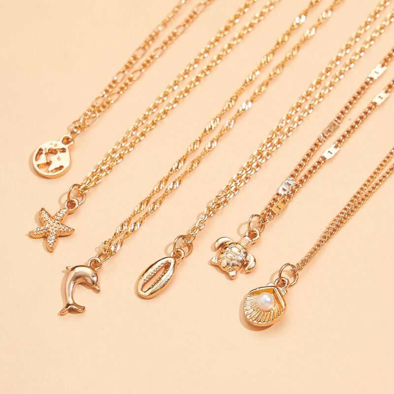 

6pcs Shell & Dolphin Pendant Necklace, Gold