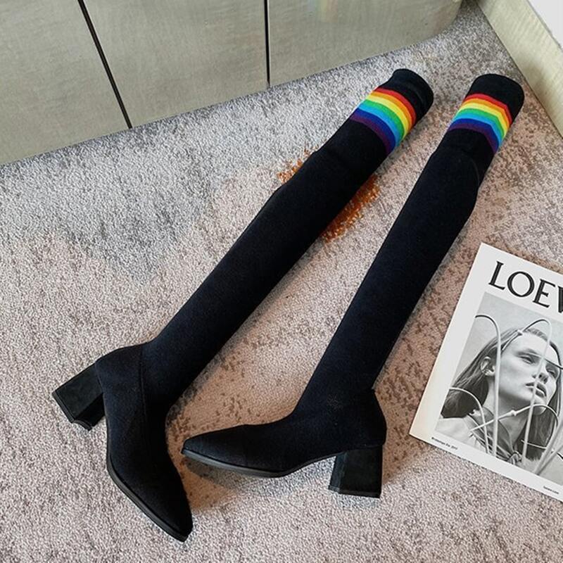 

Rainbow Striped Over The Knee Sock Boots, Black