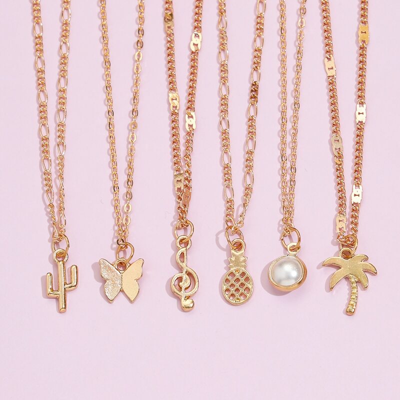 

6pcs Butterfly & Pineapple Pendant Necklace, Gold