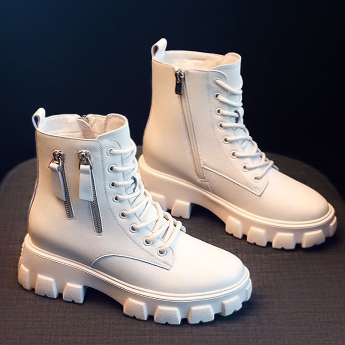 

Lace-up Lug Sole Combat Boots, White