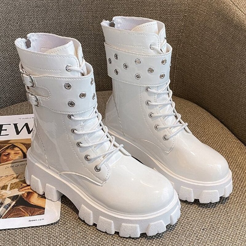 

Grommet Buckle Lace-up Combat Boots, White