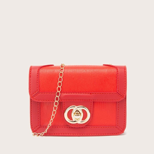 

Lizard Embossed Turn-lock Crossbody Bag, Red
