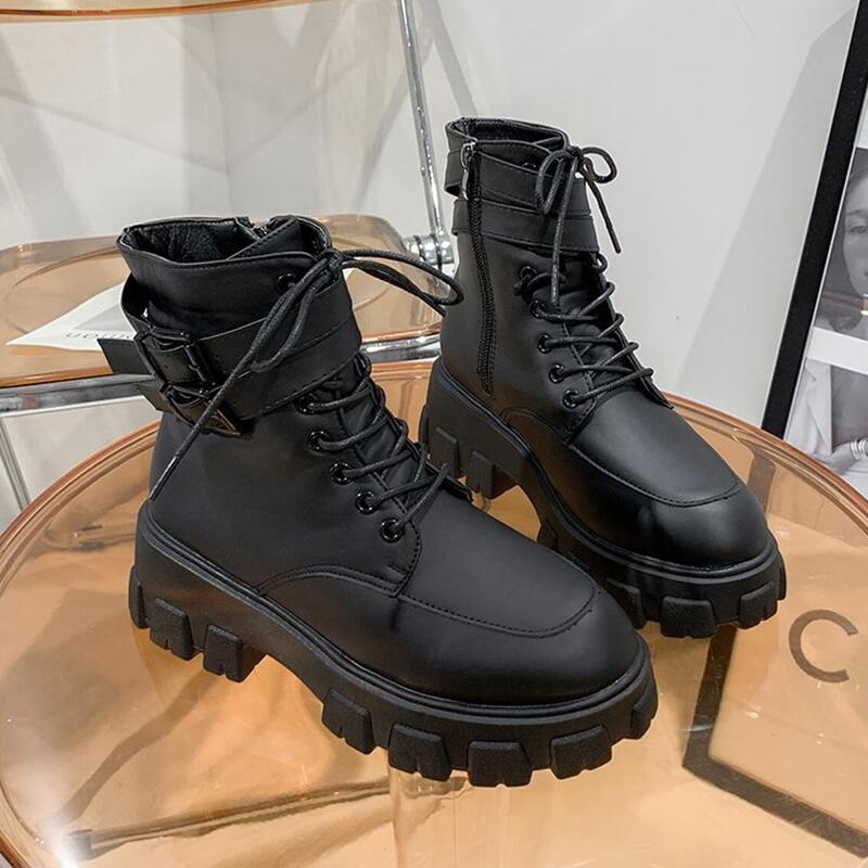 

Buckle Decor Lace-up Lug Sole Combat Boots, Black