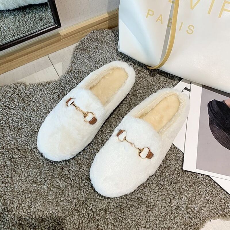 

Buckle Decor Fluffy Flat Mules, White