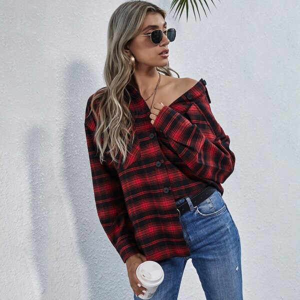 

Drop Shoulder Flap Pocket Plaid Longline Blouse, Multicolor