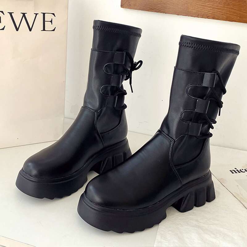 

Lace-up Back Lug Sole Boots, Black