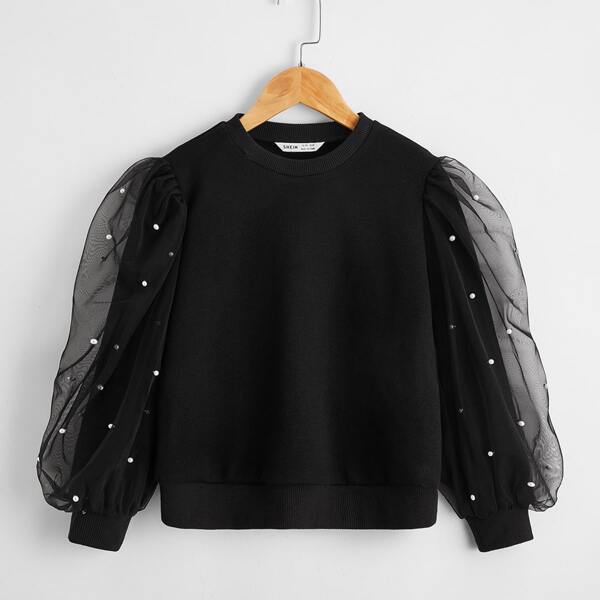 

Girls Pearls Beaded Mesh Lantern Sleeve Pullover, Black