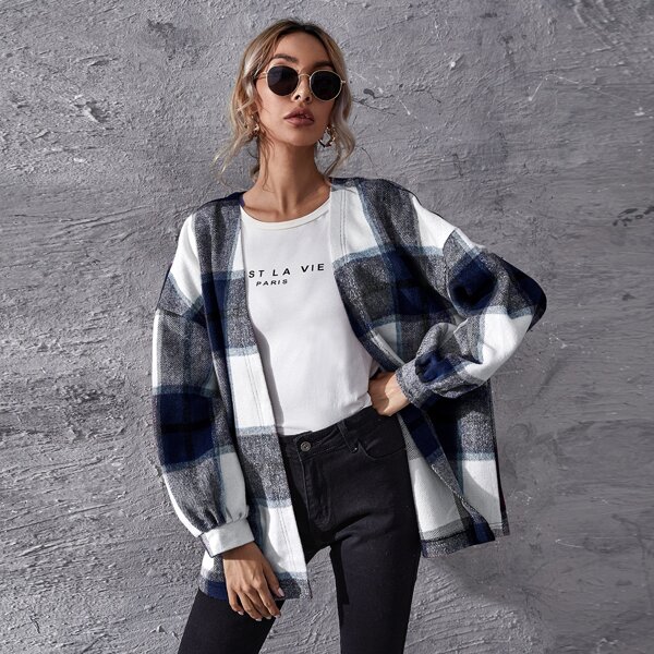 

Plaid Balloon Sleeve Oversized Overcoat, Multicolor
