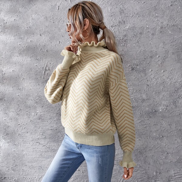 

Chevron Pattern Flounce Sleeve Sweater, Beige