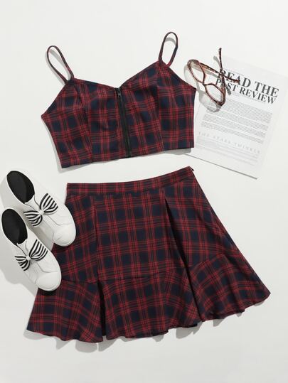 Tartan Zip Up Crop Cami & Skirt