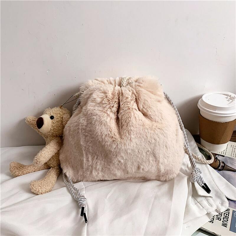 

Bear Charm Faux Fur Fluffy Bucket Bag, Beige