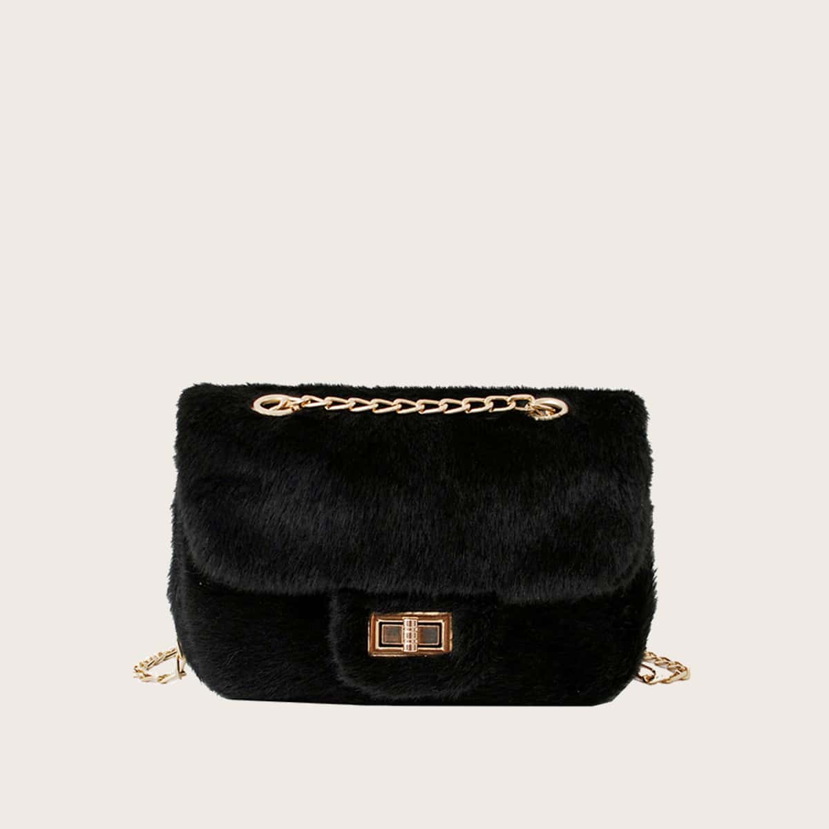 

Faux Fur Fluffy Chain Bag, Black