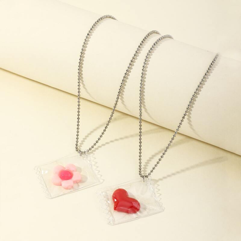 

2pcs Heart & Floral Pendant Necklace, Silver