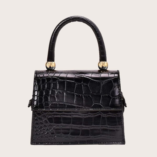 

Mini Croc Embossed Flap Satchel Bag, Black
