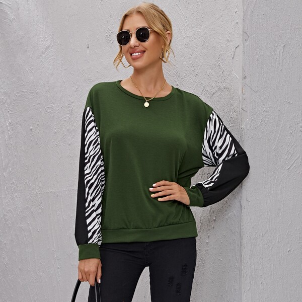 

Drop Shoulder Color Block Zebra Striped Pullover, Army green