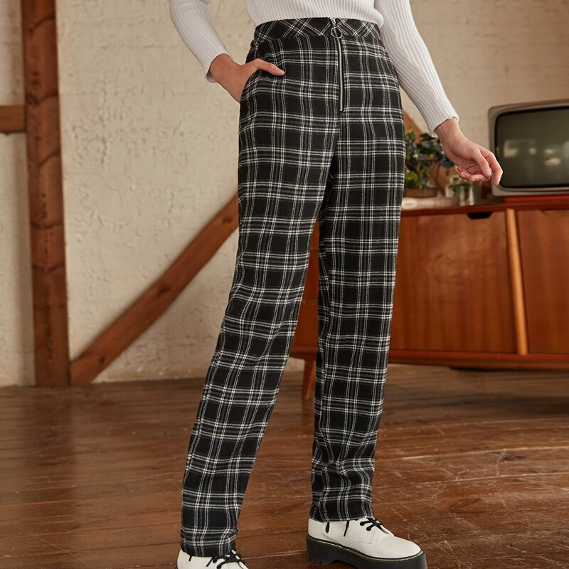 

Zip Fly Plaid Pants, Black