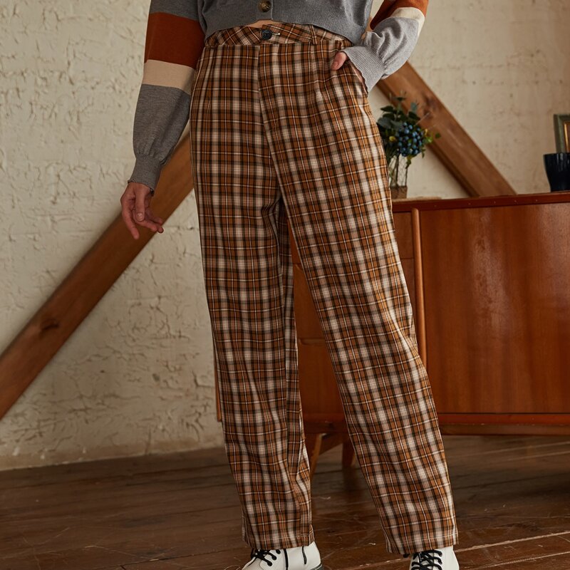 

Plaid Button Fly Pants, Brown
