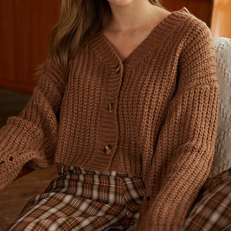 

Button Front Rib Cardigan, Coffee brown