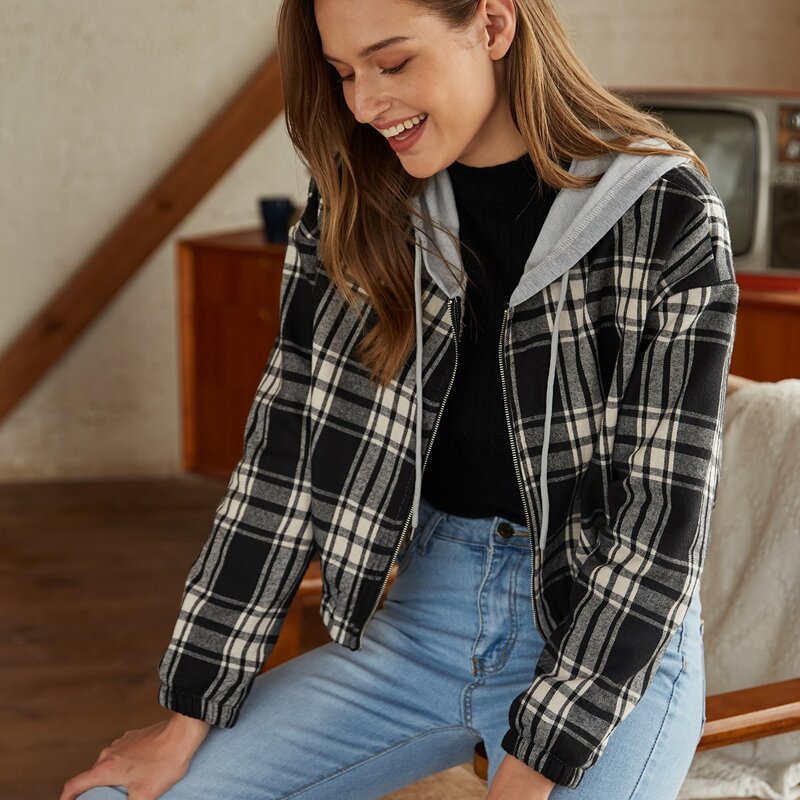 

Plaid Zip Drawstring Jacket, Multicolor