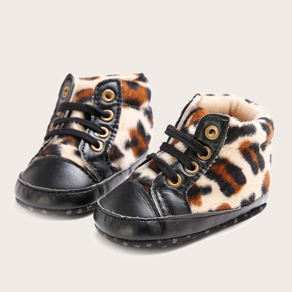 

Baby Girl Leopard Lace-up Front Plush Boots, Black