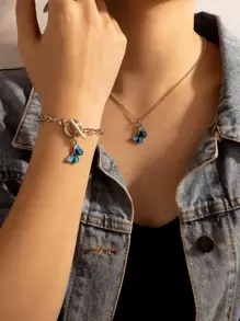 1pc Butterfly Pendant Necklace & 1pc Bracelet - Silver - View 1