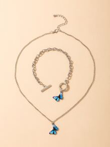 1pc Butterfly Pendant Necklace & 1pc Bracelet - Silver - View 2