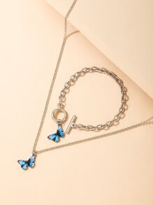 1pc Butterfly Pendant Necklace & 1pc Bracelet - Silver - View 3