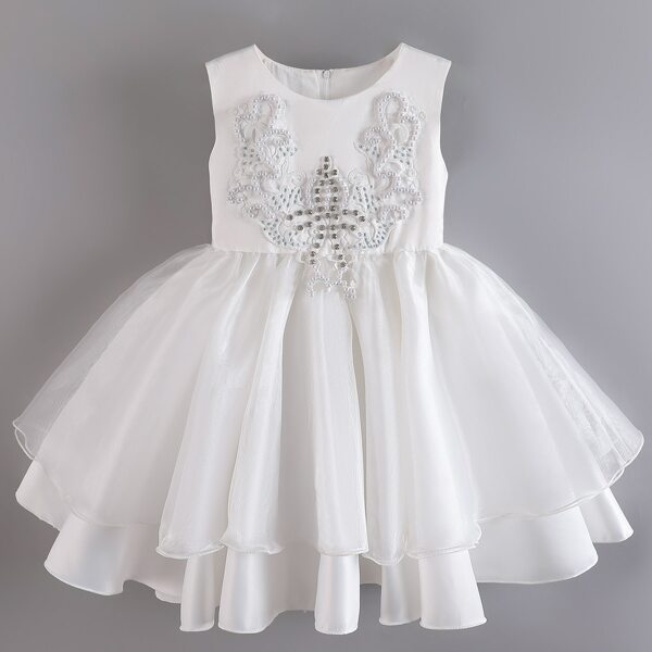 

Toddler Girls Rhinestone Pearls Layered Gown Dress, White