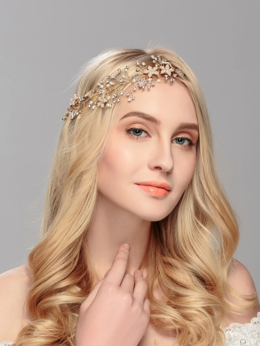 Faux Pearl & Rhinestone Decor Headband Boho - Gold - View 1