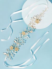 Faux Pearl & Rhinestone Decor Headband Boho - Gold - View 3