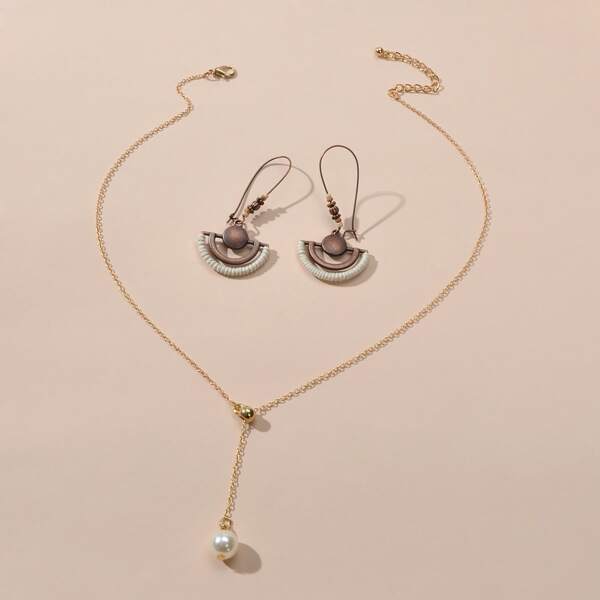 

1pc Faux Pearl Pendant Y-lariat Necklace & 1pair Earrings, Multicolor