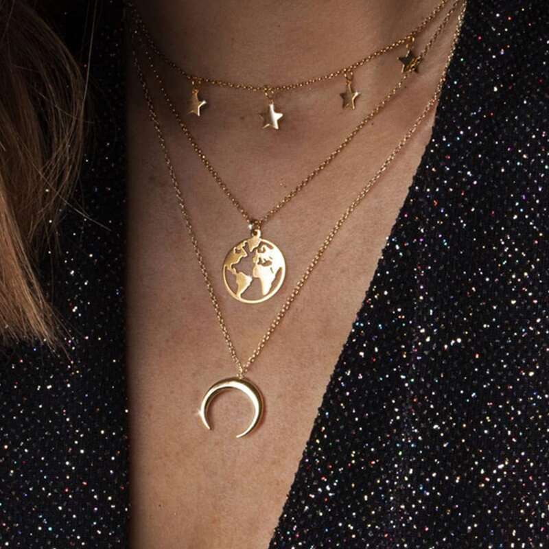 

Moon & Ring Layered Necklace, Gold