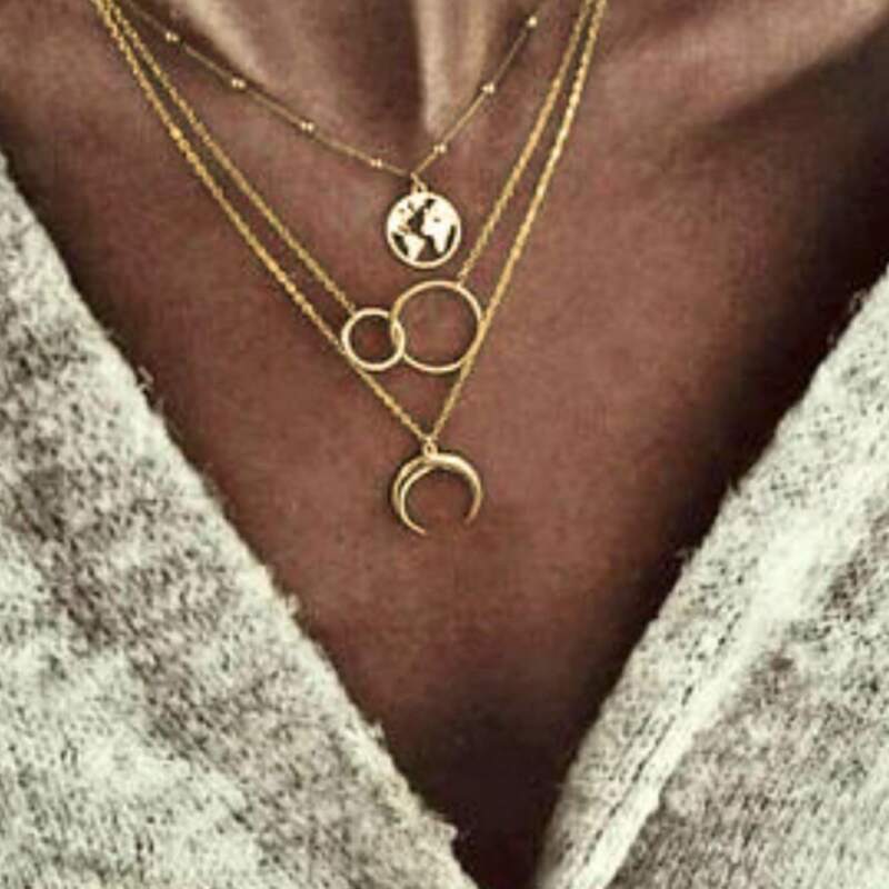 

Moon & Ring Layered Necklace, Gold