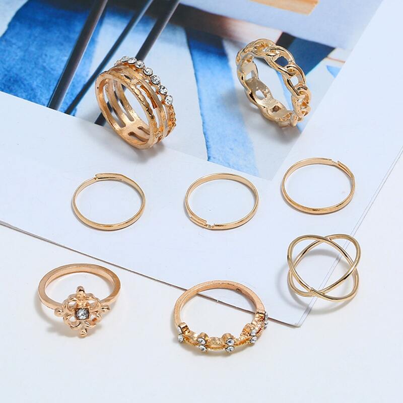 

8pcs Rhinestone Decor Ring Set, Gold