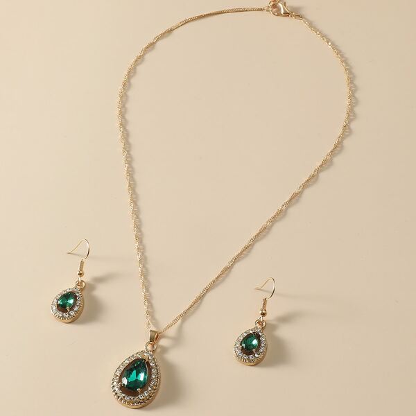 

1pc Water-drop Rhinestone Pendant Necklace & 1pair Earrings, Green