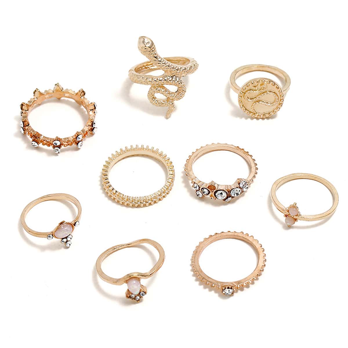 

9pcs Snake & Rhinestone Ring Set, Gold