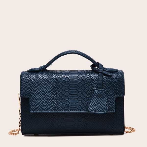 

Snakeskin Flap Satchel Bag, Navy blue