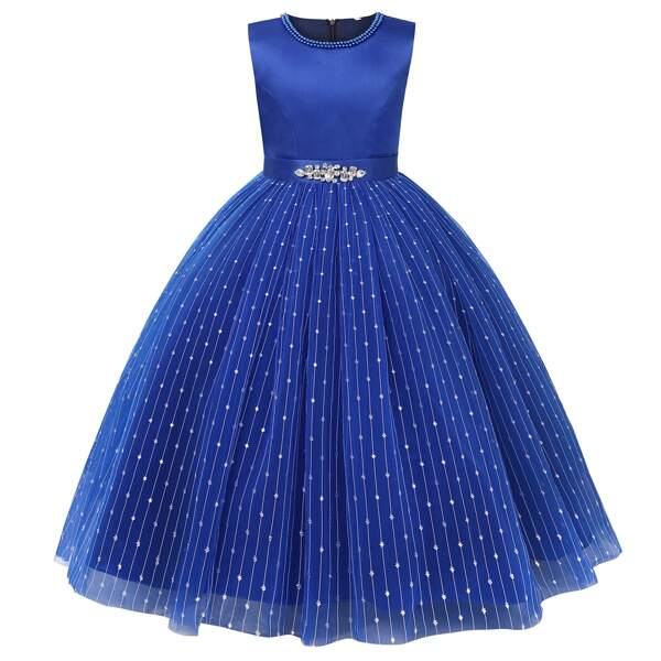 

Girls Rhinestone Mesh Overlay Gown Dress, Blue