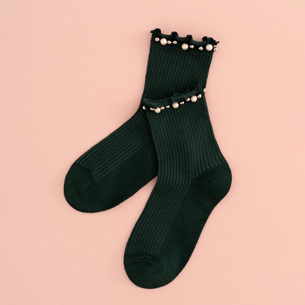 

Faux Pearl Decor Crew Socks, Dark green