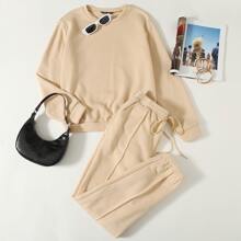 Solid Pullover & Seam Front Sweatpants Set