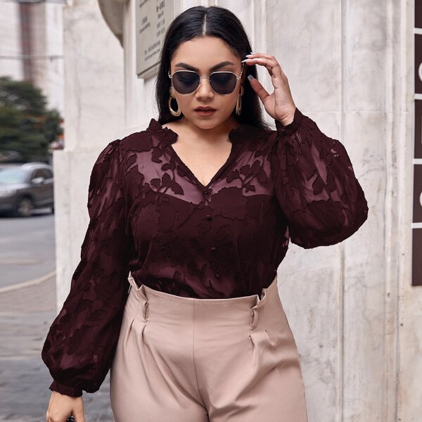 

Plus Jacquard Flower Applique Chiffon Top Without Bandeau, Maroon