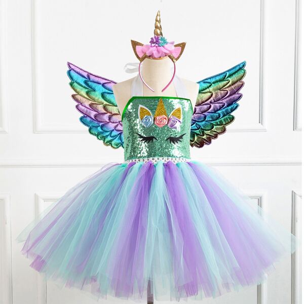 

Toddler Girls Sequin And Mesh Halter Party Dress & Headband & Wings, Multicolor