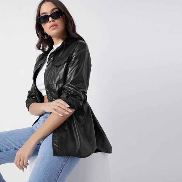 

Flap Pocket Belted PU Coat, Black